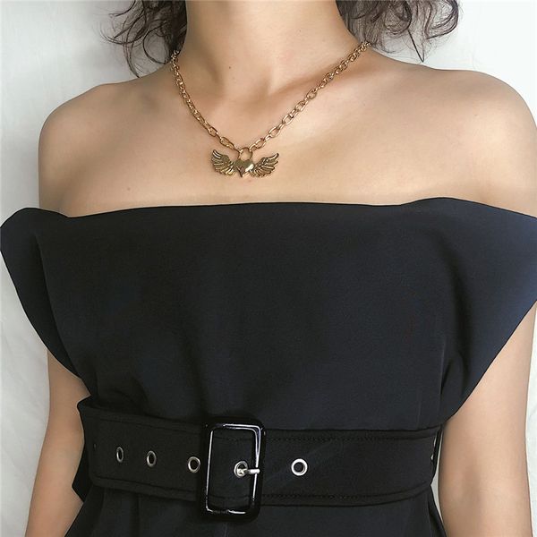 

10pcs/lot joker metal hollow out pendant necklace heart lock wing design cross chain women souvenir gift necklaces jewelry wholesale, Silver