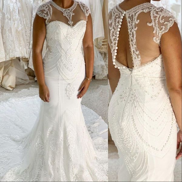 

african plus size wedding dresse jewel major beading sequins vestidos de novia buttons back sheer neckline mermaid bridal dress black girls, White