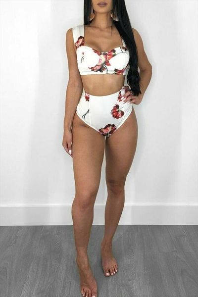 

womens print bikini set swimsuit high waist with pad ladies bathing suit swimwear beachwear drop shipping, White;black