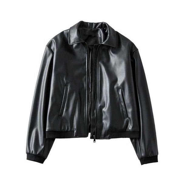 

women vintage stylish pu faux leather jacket coat fashion lapel collar long sleeve pockets female outerwear chic, Black