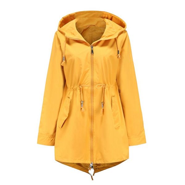 

plus size womens long coat waterproof jacket hooded windbreaker outerwear overcoat zipper casual wear quality women clothes, Tan;black