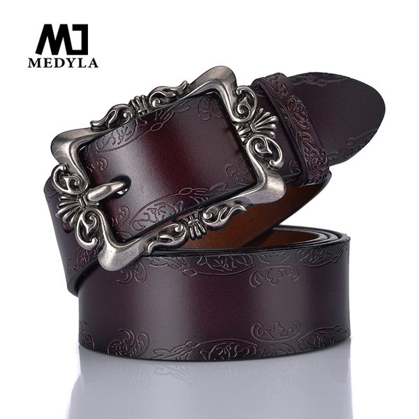 

medyla 3.3cm vintage luxury women's belt natural leather fashion engraved leather belt for women jeans zk063, Black;brown