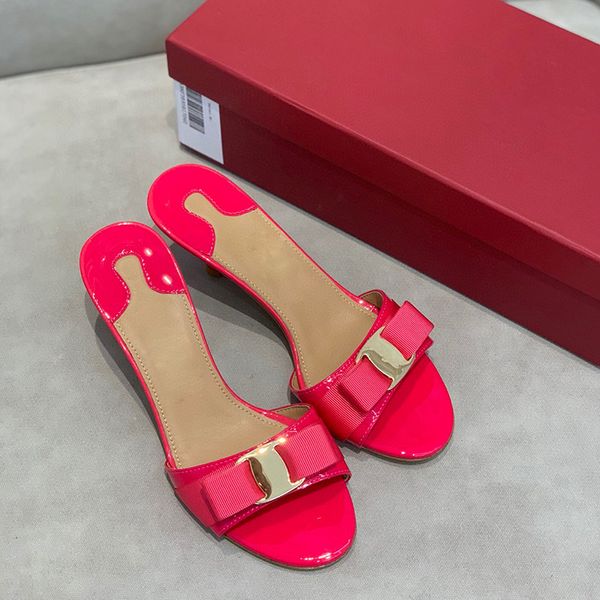 

designer womens slippers luxury black red apricot yellow bow-knot coat of paint round head high heels with box size 35-40