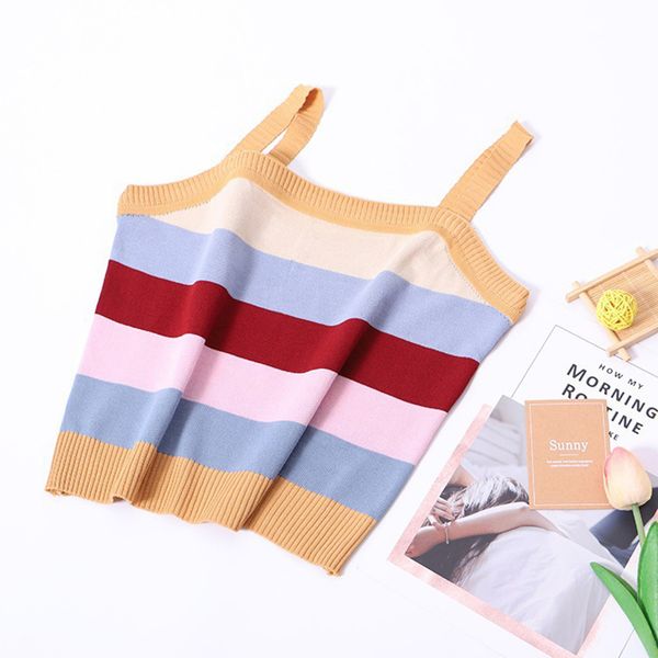 

colorful striped knitted sweater vest women spaghetti straps sleeveless ribbed cropped sweater summer jumper 2020 pull femme, Black;white