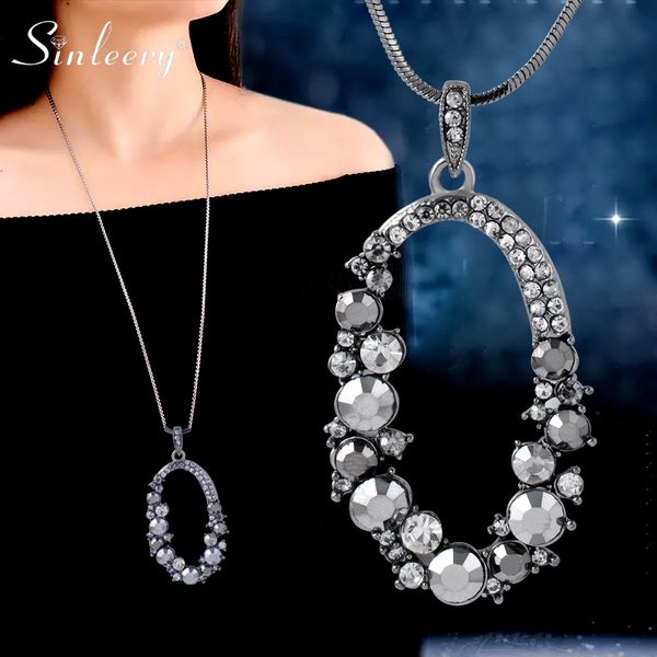 

sinleery women black cubic zirconia hollow oval pendant long necklace black snake chain retro jewelry accessories my014, Silver