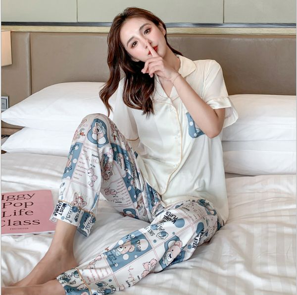 

new sweethoney bear print 100%silk -xl v-neck short sleeve plong pant white and pink colours ladeis casual pajamas 2 pcs set ing, Black;red