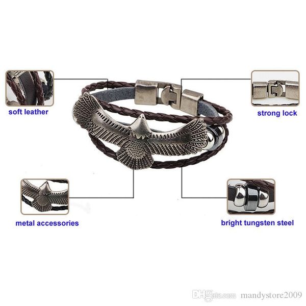 

2016 new fashion multilayer wrap bracelets deluxe leather bracelets retro metal big eagle charm bracelets yc2037 ing, Golden;silver