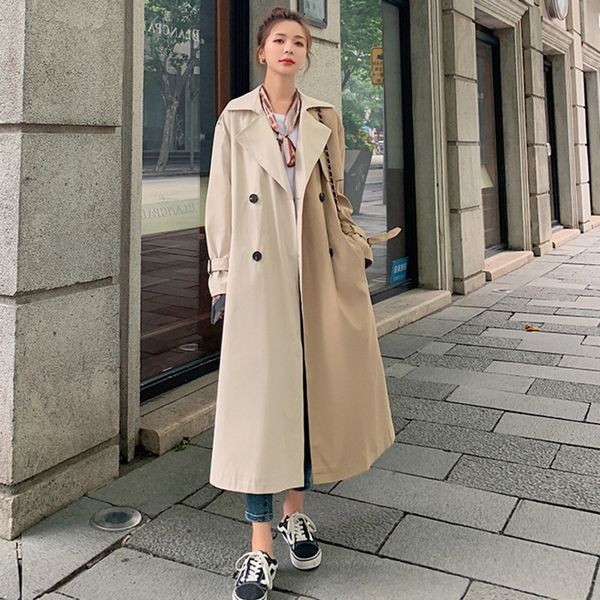 

ewq] 2020 autumn new ladies mid-length windbreaker lapel stitching rear split double-breasted belt overcoat women qb958, Tan;black