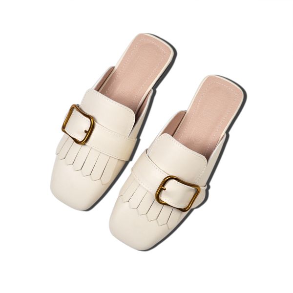 

tassel metal square buckle slippers women outdoor breathable leather mules woman autumn low heel slides woman mules shoes cs05, Black
