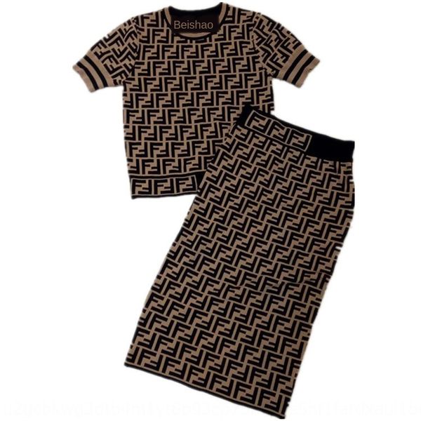 

yrqiy curry long jacquard long skirt ff jacquard letter knitted short-sleeved + knee-length skirt knitted two-piece suit for women 2020, Gray