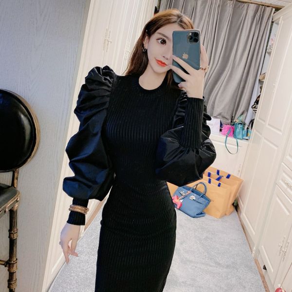 

2020 autumn design puff sleeve light mature lady temperament goddess fan small black dress slim slimming dress, White;black
