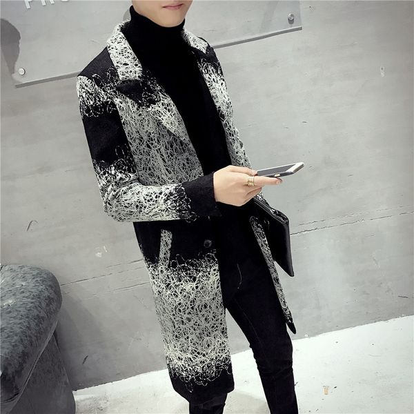 

wool jacket warm men winter trench coat long outwear button stand collar casual windbreaker overcoat jackets blends, Black