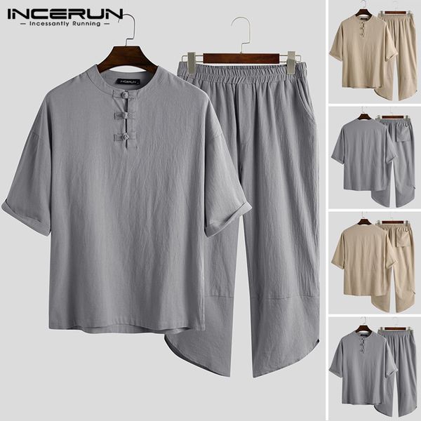 

vintage cotton sets mens ethnic suits half sleeve round neck blouse calf length pants 2 pieces leisure solid color sets incerun, Gray