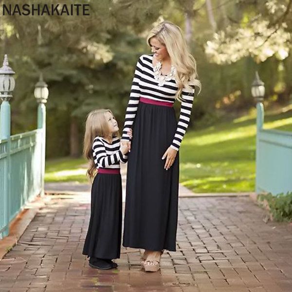 

nashakaite mother daughter dresses fall winter long sleeve patchwork striped long dress mother and daughter clothes family look y200713, Blue