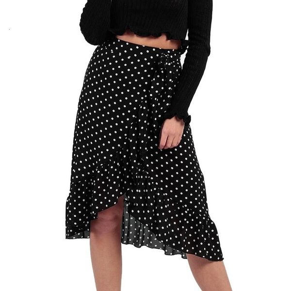 

womens ladies high fashion tie bow ruffle hem wave point frill wrap midi skirt women cute sweet girls dance skirt, Black