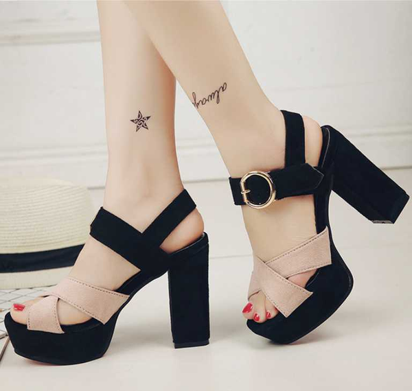 

super high heel women's sandals 2020 fashion open toe rome ladies sandals casual soft buckle strap thick heel female shoes, Black