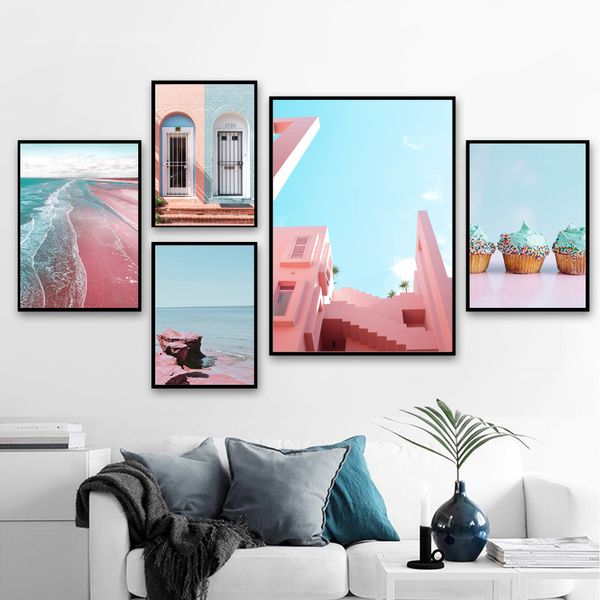 

modern pink and blue seascape door building dessert canvas painting picture poster and print home decoration for living room