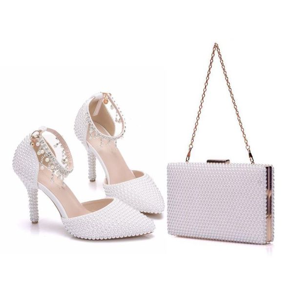 

crystal pointed toe white pearl chain wedding shoes thin heels party sandals with matching bags with purse dress shoes, Black