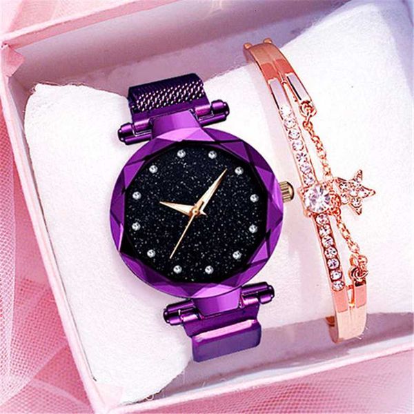

luxury women watch fashion elegant magnet buckle vibrato purple ladies wristwatch starry sky roman numeral gift clock, Slivery;brown
