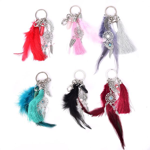 

handmade natural stone keychain dream catcher keyring tassels feather keychain women silver color boho jewelry gift