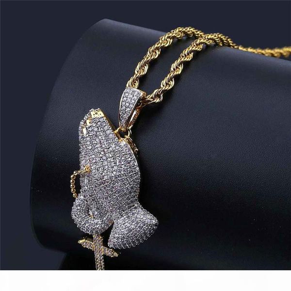 

prayer hand necklace jewelry for men fashion brand pendant necklaces gold plated bling cubic zirconia ice out jesus cross necklace, Silver