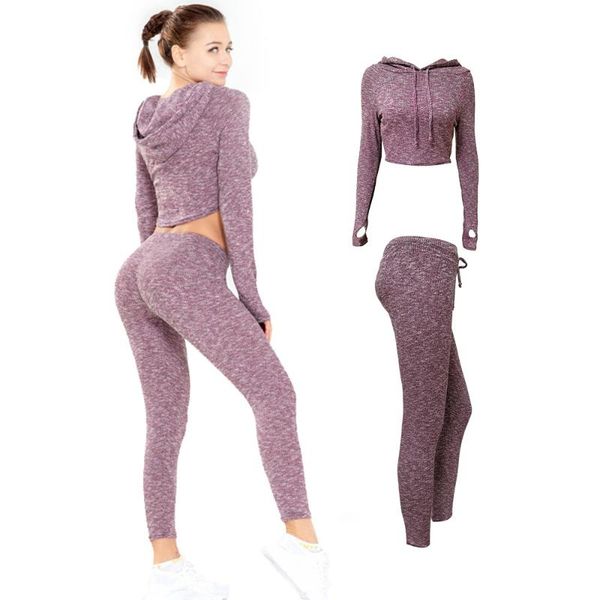 

yoga outfits set 2 piece women knitting gym sportswear long sleeve shirt and leggings tight pants quick dry push up running suit, White;red