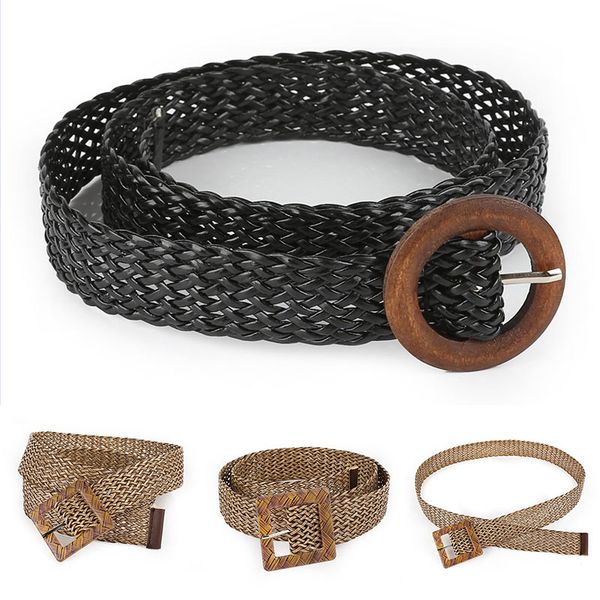 

women braid belt decorative wide belts woven round square buckle fake straw knitted breathable hollow braided waist accessories, Black;brown