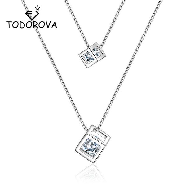 

todorova square cube zircon statement necklaces & pendants double layer chain necklaces for women, Silver