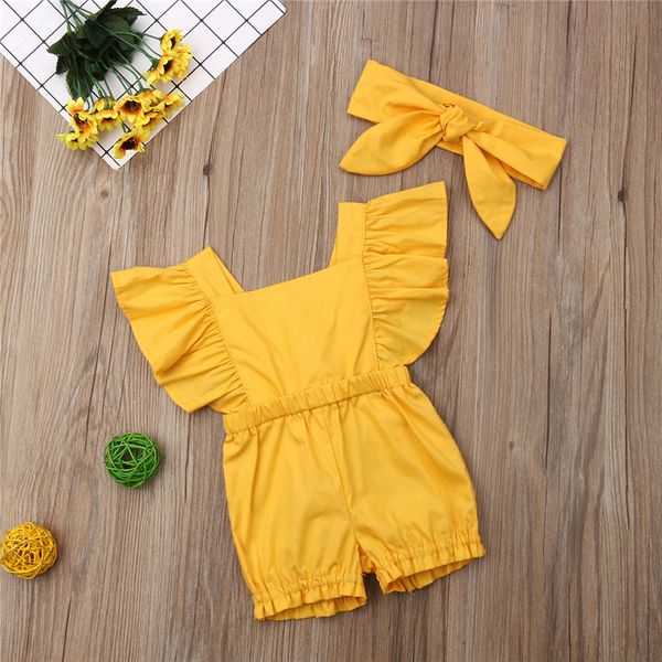 

newborn baby girl clothes sleeve ruffle romper jumpsuit headband 2pcs outfits set, White