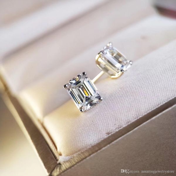 

s925 sivler simple style rectangle shape stud earring with sparkly diamond no fade color for women charm jewelry, Golden