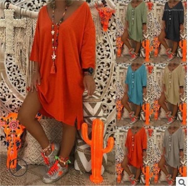 

dress solid color summer loose long sleeved dress famale mini clothing womens designer v neck split, Black;gray
