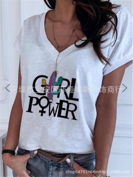 

elastic knitting womens printing v neck short sleeve tshirt european and american casual short sleeve bottom, White