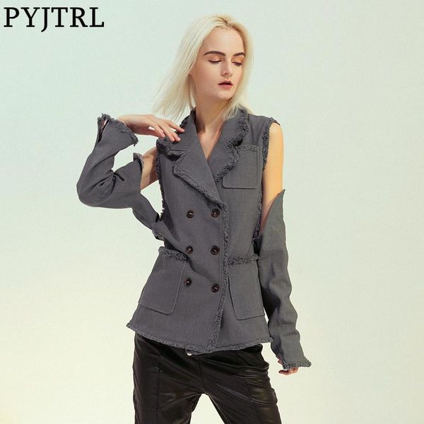 

pyjtrl women personalized tassel strapless broken sleeve blazers gray stitched double-breasted suit jacket long sleeve coat, White;black