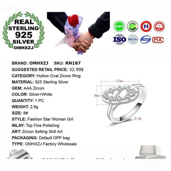 

omhxzj оптовая моды личности ol женщина девушки партии подарка венчания hollow овальный циркон 925 sterling серебряное кольцо rn187, Silver