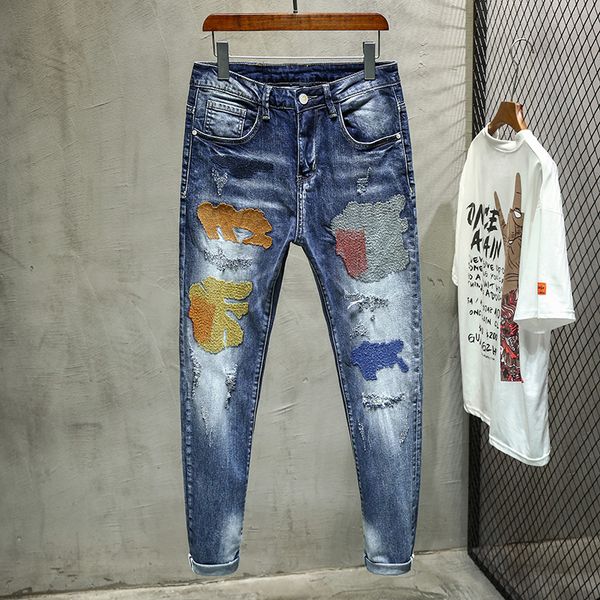 

vintage washed embroidery jeans men's stretch slim feet pants hole embroidery the same men's pants biker jeans, Blue