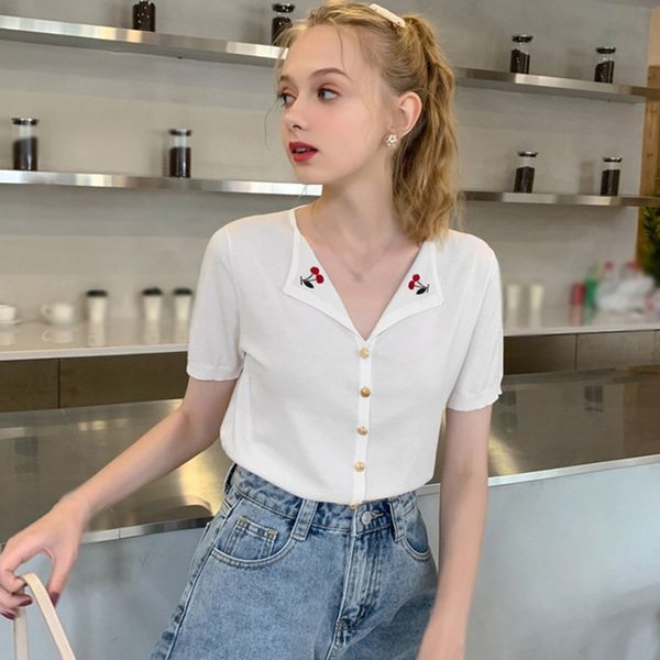 

women's t-shirt summer casual cherry v-neck women cardigan korean short sleeve t-shirts streetwear, White