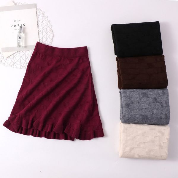

women ruffle knitted skirt winter college style faldas mujer autumn winter solid saias elastic casual a line sweater skirt, Black
