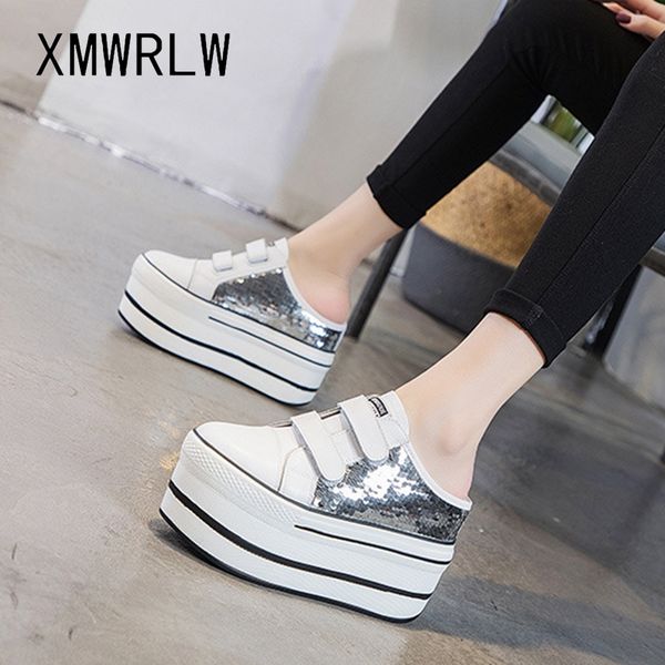 

xmwrlw genuine leather summer slippers sequins women half shoes high heels 11cm platform shoes for woman slippers summer shoe, Black