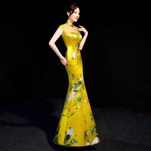 

yellow chinese style womens wedding cheongsam retro slim party evening dress marriage gown qipao fashion lady vestido s-xxl, Red