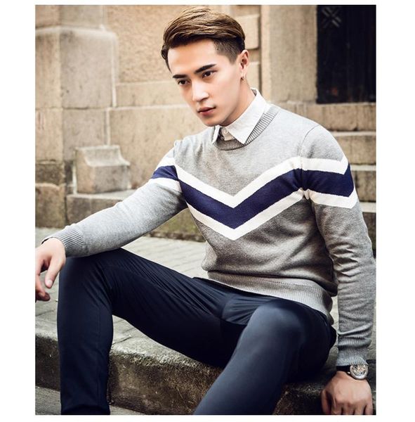 

2020 autumn casual men's sweater o-neck striped slim fit knittwear mens sweaters pullovers pullover men pull homme -2xl, White;black