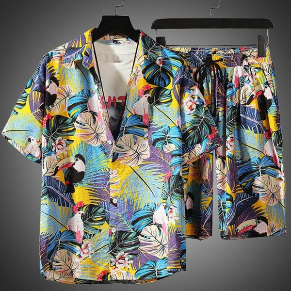 

summer sets men casual beach wear men 2 piece set prined shirt + shorts summer clothes shorts set floral print shirts 5xl, Gray