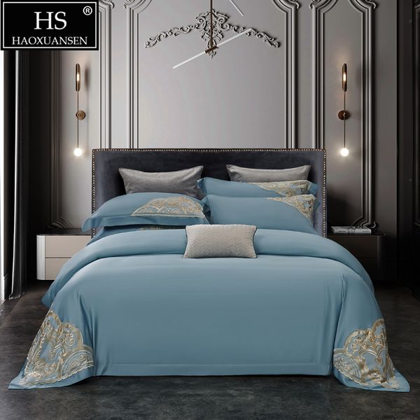 

sky blue delicate lace 4piece bedding sets tencel lyocell fabric  king size quilt cover pollowcase sheets silky summer