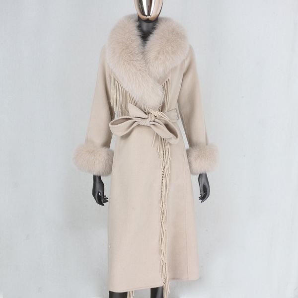 

women's wool & blends cxfs 2021 x-long tassel cashmere real fur coat belt winter jacket women natural collar and cuffs streetwear, Black