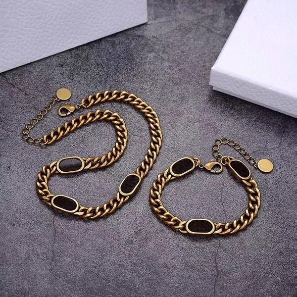 

fashion letter 14k gold cuban link chain necklace bracelet for mens and women party lovers gift hip hop jewelry with box, Black