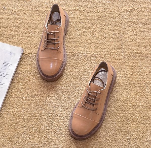 

women flats autumn lace up solid casual female thick bottom loafers round head gray apricot single shoes women zapatos mujer, Black