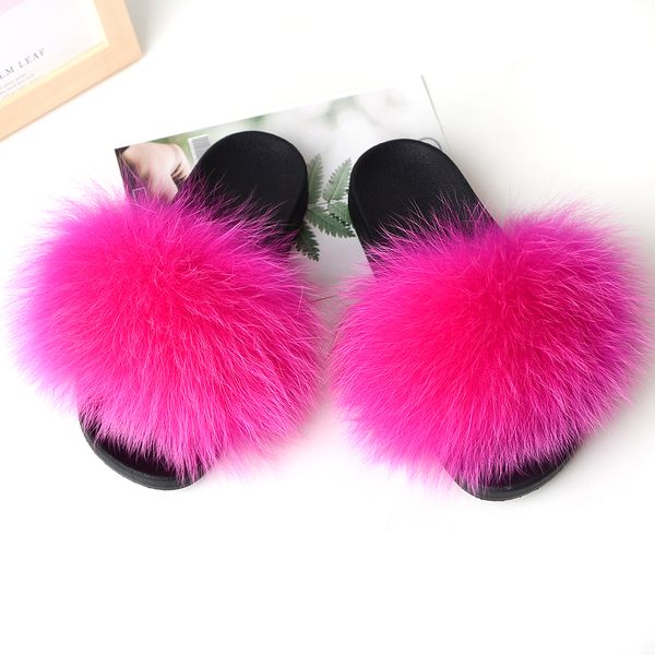 

colorful children fluffy big fox racoon mink fur furry slides slippers, Black