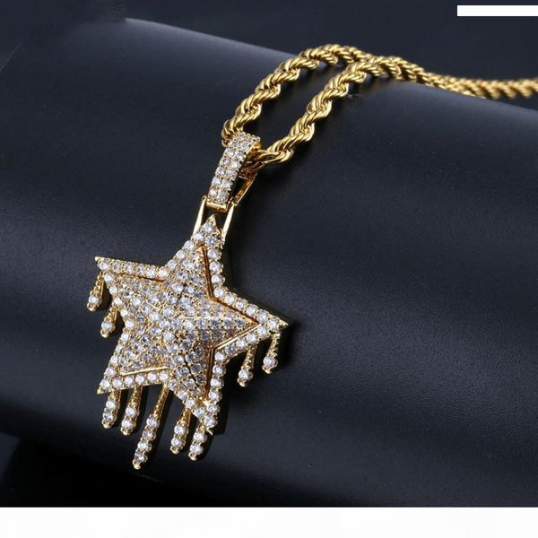 

men fashion iced out metor drip star pendant necklace gold white gold statement cubic zircon charms hip hop jewelry, Silver