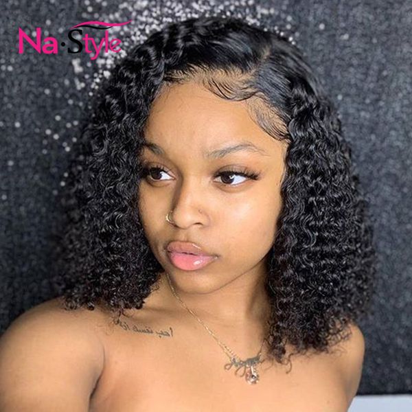 

mongolian kinky curly hair medium brownlace wigs bob lace front human hair with baby hair deep part naturalcolor, Black