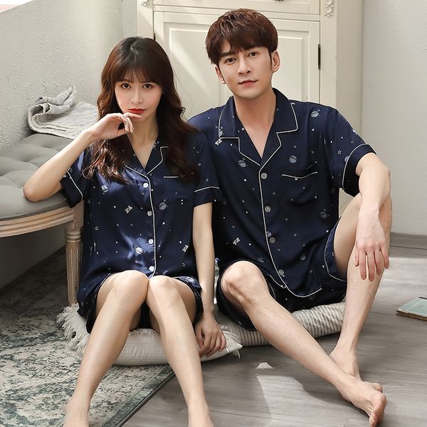 

qiting yuer summer couple ice silk pajamas summer cardigan short sleeve silk thin household clothes pants pants suit pajamas suit, Black;brown
