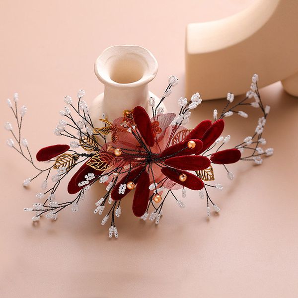 

forseven red flower handmade hair pins jewelry pearl beaded bridal hairpins tiaras headpiece women wedding hair accessories jl, Golden;silver